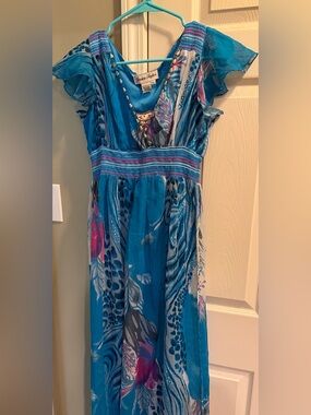 Blue Patterned Maxi Dress with Pink Accents